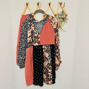 Umgee Red Black Floral Boho Patchwork Balloon Sleeve Dress Size L
